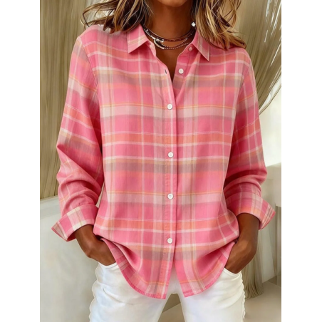 Women Plaid Long Sleeve Shirt Spring/Fall Buckle Shirt Collar Regular Sleeve Daily Casual Top
