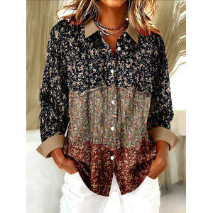 Women Floral Long Sleeve Shirt Spring/Fall Buckle Shirt Collar Regular Sleeve Daily Casual Top