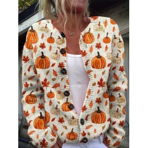 Women Maple Leaf Printing Long Sleeve Crew Neck Vintage Spring/Fall Cardigan Outerwear