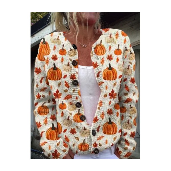 Women Maple Leaf Printing Long Sleeve Crew Neck Vintage Spring/Fall Cardigan Outerwear