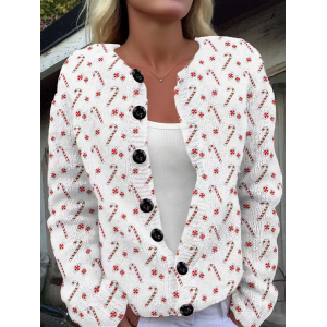 Women Christmas Printing Long Sleeve Crew Neck Vintage Spring/Fall Cardigan Outerwear