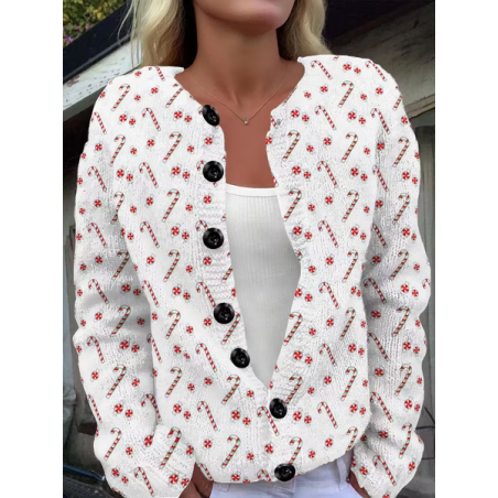 Women Christmas Printing Long Sleeve Crew Neck Vintage Spring/Fall Cardigan Outerwear
