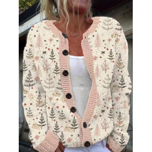 Women Christmas Printing Long Sleeve Crew Neck Vintage Spring/Fall Cardigan Outerwear