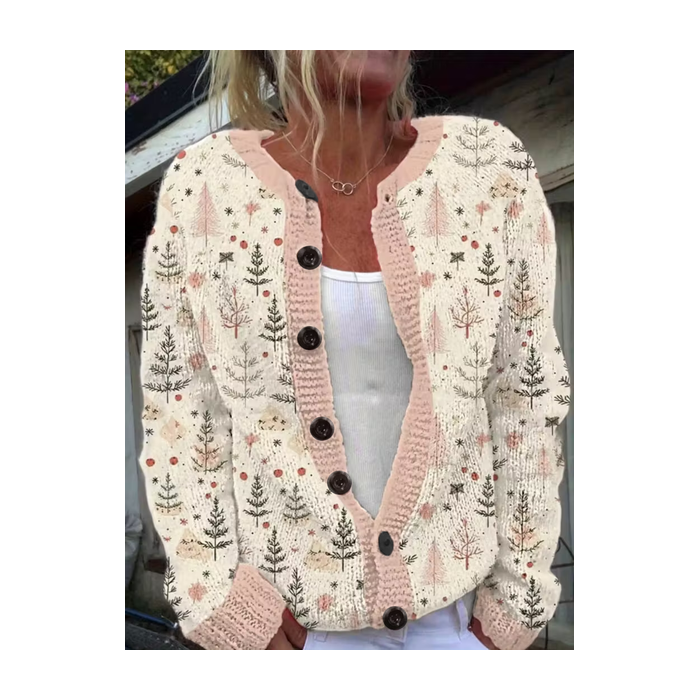 Women Christmas Printing Long Sleeve Crew Neck Vintage Spring/Fall Cardigan Outerwear
