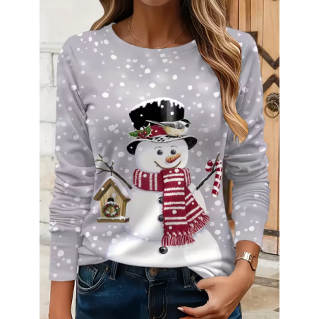 Women Christmas Snowman Long Sleeve Tee T-shirt Crew Neck Printing Casual Spring/Fall Graphic Tee Top