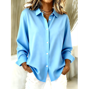 Women Plain Long Sleeve Shirt Spring/Fall V Neck Daily Casual Top