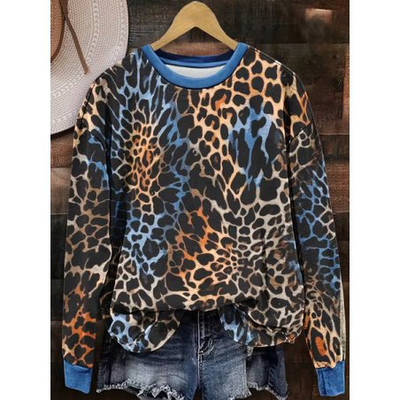 Women Leopard Crew Neck Printing Casual Spring/Fall Long Sleeve Sweatshirt