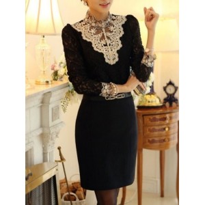 Women Floral Long Sleeve Tee T-shirt Stand Collar Beaded Vintage Spring/Fall Top