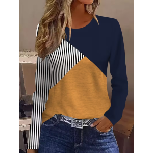 Women Contrast Stitching Long Sleeve Tee T-shirt Crew Neck Printing Casual Spring/Fall Graphic Tee Top