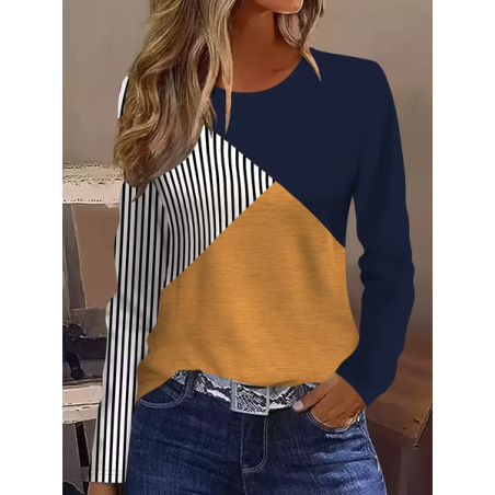 Women Contrast Stitching Long Sleeve Tee T-shirt Crew Neck Printing Casual Spring/Fall Graphic Tee Top