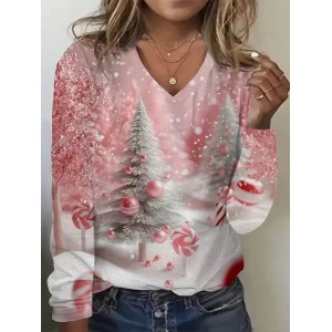 Women Christmas Long Sleeve Tee T-shirt V Neck Printing Casual Spring/Fall Graphic Tee Top