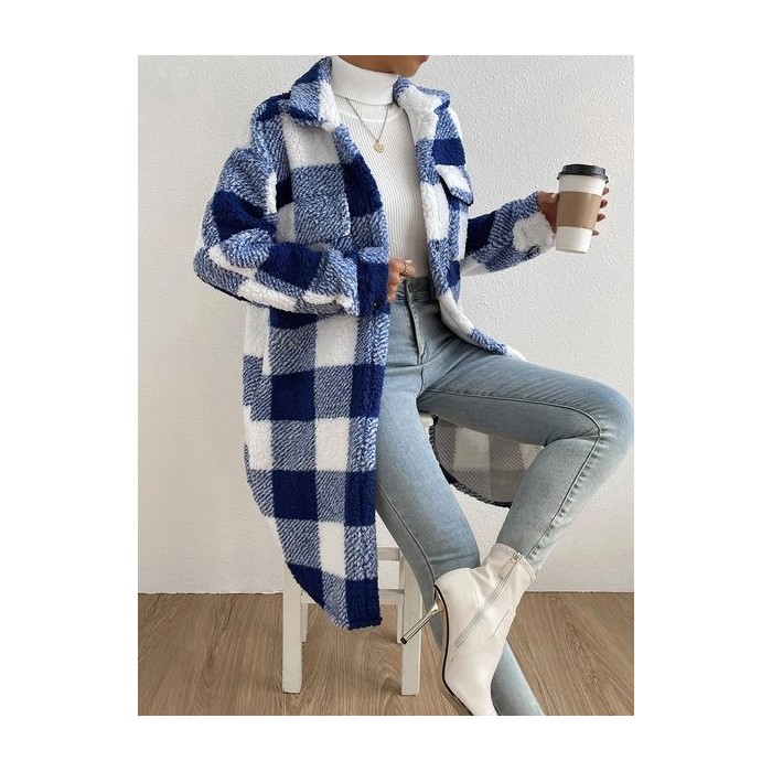 Women's Plaid Winter Outerwear Casual Printing Mid-long Shawl Collar Overcoat