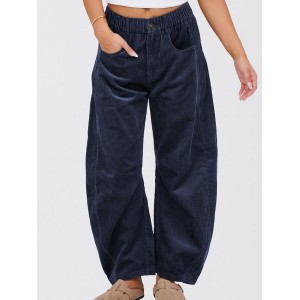 Women Plain Long Elastic Waist Pants Casual Spring/Fall Trousers