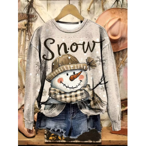Women Christmas Snowman Crew Neck Printing Casual Spring/Fall Long Sleeve Sweatshirt