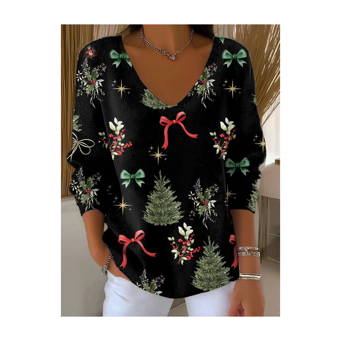 Women Christmas Long Sleeve Tee T-shirt V Neck Printing Casual Spring/Fall Top