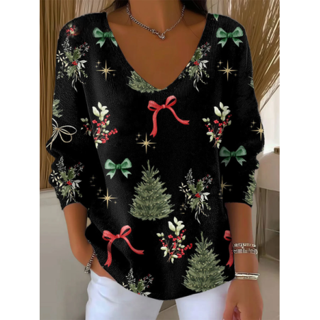 Women Christmas Long Sleeve Tee T-shirt V Neck Printing Casual Spring/Fall Top