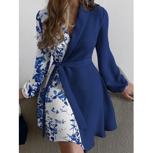 Women Floral Long Sleeve Spring/Fall Printing Dress V Neck Daily Vintage Mini Hip Skirt A-Line Dress