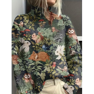 Women Floral Printing Spring/Fall Vintage Long Sleeve Turtleneck Sweater