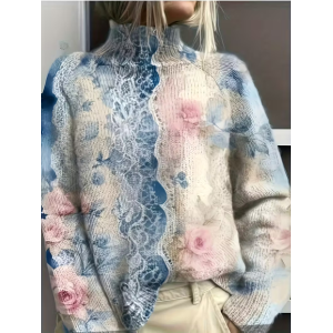 Women Floral Printing Spring/Fall Vintage Long Sleeve Turtleneck Sweater