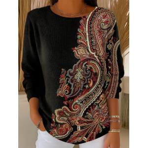 Women Floral Printing Spring/Fall Casual Long Sleeve Crew Neck Sweater