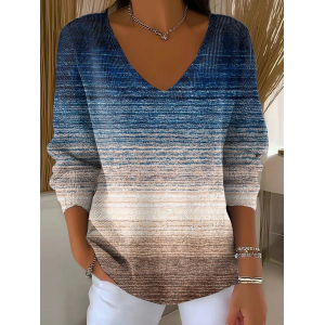 Women Abstract Long Sleeve Tee T-shirt V Neck Printing Casual Spring/Fall Top