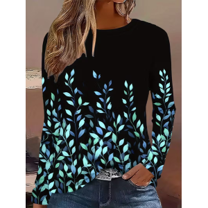 Women Leaf Long Sleeve Tee T-shirt Crew Neck Printing Casual Spring/Fall Graphic Tee Top