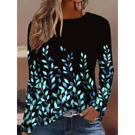 Women Leaf Long Sleeve Tee T-shirt Crew Neck Printing Casual Spring/Fall Graphic Tee Top
