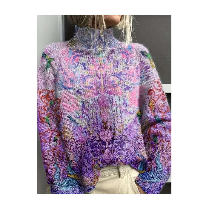 Women Floral Printing Spring/Fall Vintage Long Sleeve Turtleneck Sweater