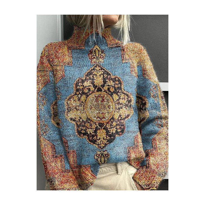 Women Ethnic Printing Spring/Fall Vintage Long Sleeve Turtleneck Sweater