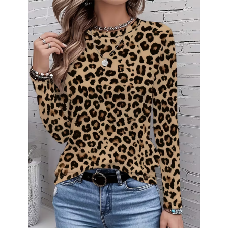 Women Leopard Long Sleeve Tee T-shirt Crew Neck Printing Casual Spring/Fall Graphic Tee Top
