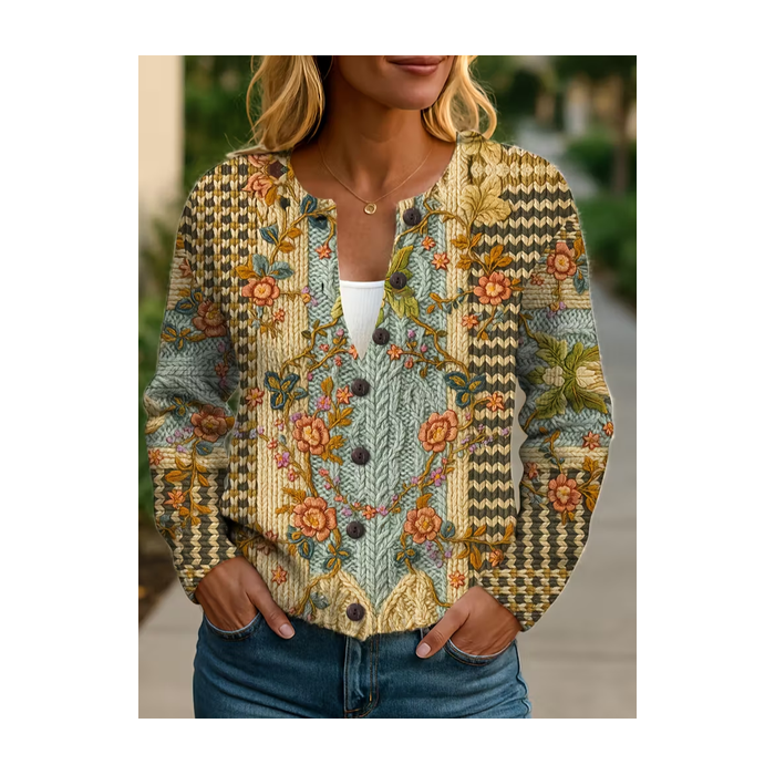Women Floral Printing Long Sleeve Crew Neck Vintage Spring/Fall Cardigan Outerwear