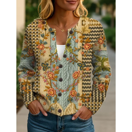 Women Floral Printing Long Sleeve Crew Neck Vintage Spring/Fall Cardigan Outerwear