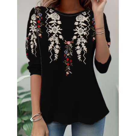 Women Floral Long Sleeve Tee T-shirt Crew Neck Casual Spring/Fall Tunic Top