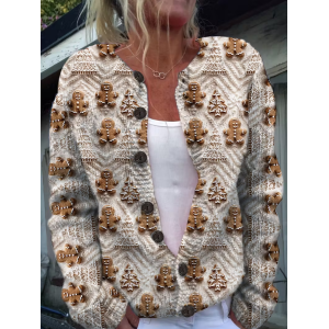 Women Christmas Printing Long Sleeve Crew Neck Vintage Spring/Fall Cardigan Outerwear