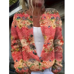 Women Floral Printing Long Sleeve Crew Neck Vintage Spring/Fall Cardigan Outerwear