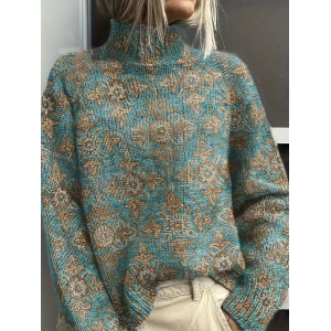 Women Floral Printing Spring/Fall Vintage Long Sleeve Turtleneck Sweater