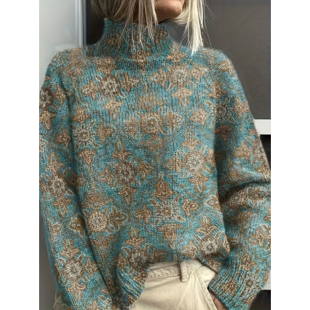Women Floral Printing Spring/Fall Vintage Long Sleeve Turtleneck Sweater