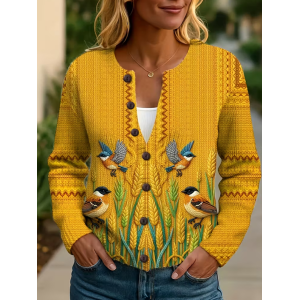 Women Bird Printing Long Sleeve Crew Neck Vintage Spring/Fall Cardigan Outerwear