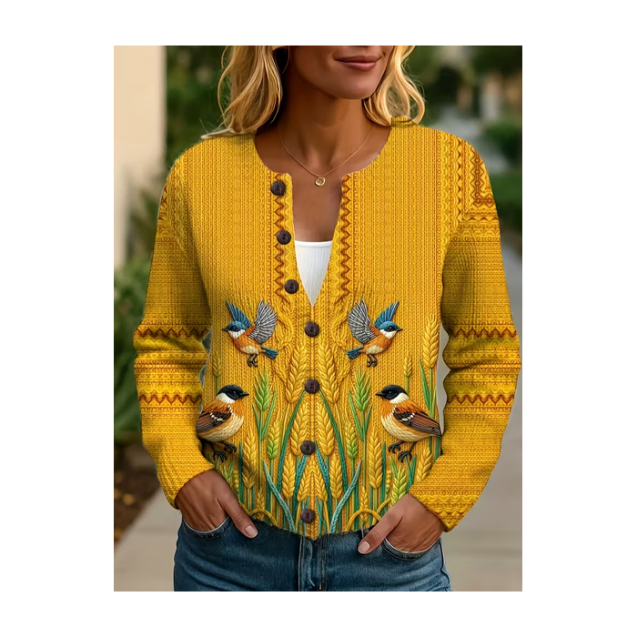 Women Bird Printing Long Sleeve Crew Neck Vintage Spring/Fall Cardigan Outerwear