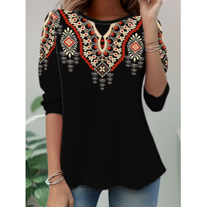Women Ethnic Long Sleeve Tee T-shirt Crew Neck Casual Spring/Fall Tunic Top