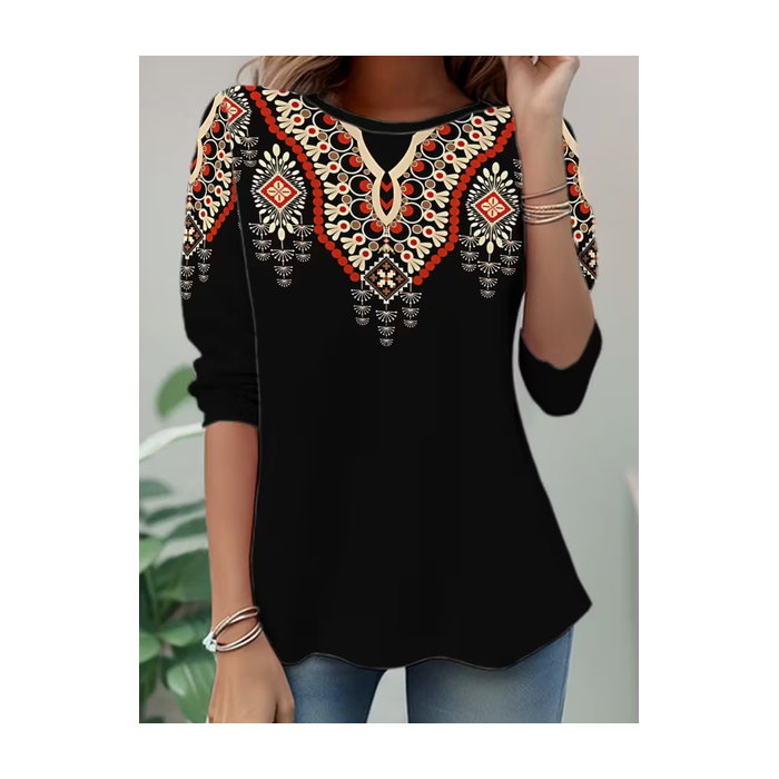 Women Ethnic Long Sleeve Tee T-shirt Crew Neck Casual Spring/Fall Tunic Top