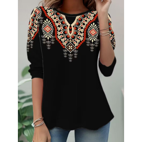 Women Ethnic Long Sleeve Tee T-shirt Crew Neck Casual Spring/Fall Tunic Top