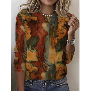 Women Abstract Long Sleeve Tee T-shirt Crew Neck Printing Casual Spring/Fall Graphic Tee Top