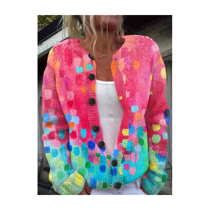 Women Abstract Printing Long Sleeve Crew Neck Vintage Spring/Fall Cardigan Outerwear