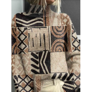 Women Geometric Printing Spring/Fall Vintage Long Sleeve Turtleneck Sweater