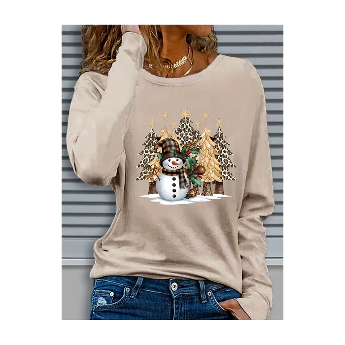Women Christmas Snowman Long Sleeve Tee T-shirt Crew Neck Printing Casual Spring/Fall Graphic Tee Top