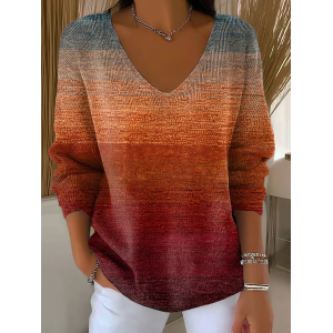 Women Abstract Long Sleeve Tee T-shirt V Neck Printing Casual Spring/Fall Top