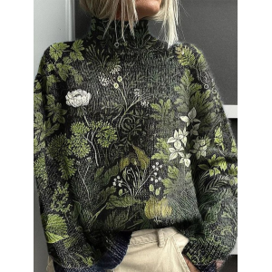 Women Floral Printing Spring/Fall Vintage Long Sleeve Turtleneck Sweater