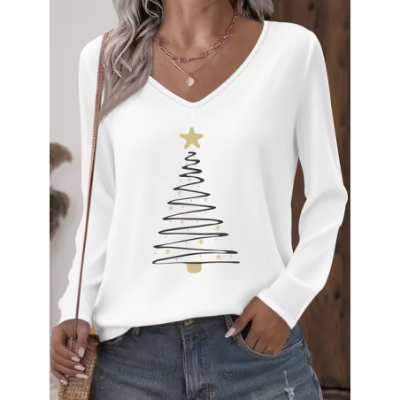 Women Christmas Long Sleeve Tee T-shirt V Neck Printing Casual Spring/Fall Graphic Tee Top