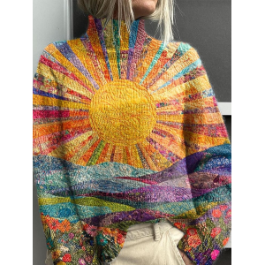 Women Abstract Printing Spring/Fall Vintage Long Sleeve Turtleneck Sweater